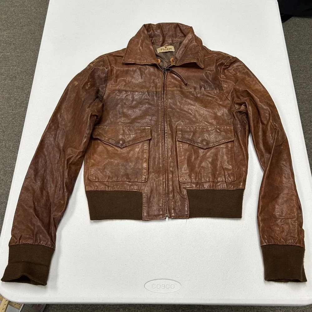 Please Bomber Jacket Womens S Brown Leather Made in Italy Distressed Aviator